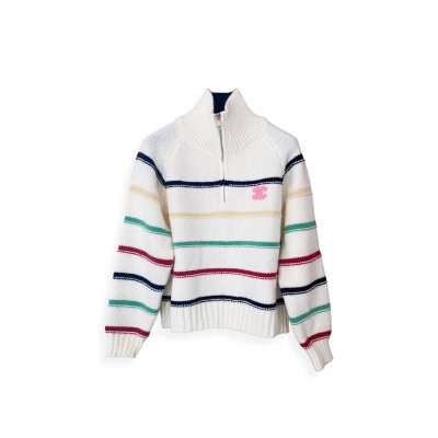 CHANEL COLORFUL STRIPED COLLARED ZIPPER KNIT LONG SLEEVE 